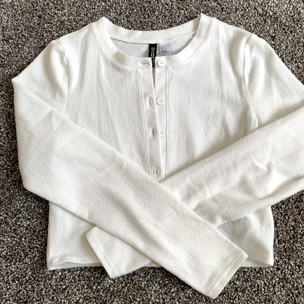 H & M fuzzy white, cropped cardigan